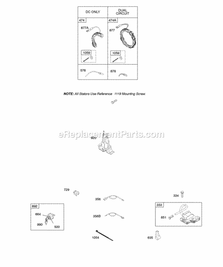Alternator Wires Ignition Diagram and Parts List for 28D707-0123-01  Briggs and Stratton Engine